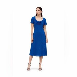 DEADSTOCK vintage cowl neck dress beaded short sleeve chiffon NWT blue SMALL